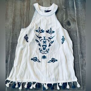 Blue Rain Boho Embroidered Tassel Beaded Design Lightweight Top S